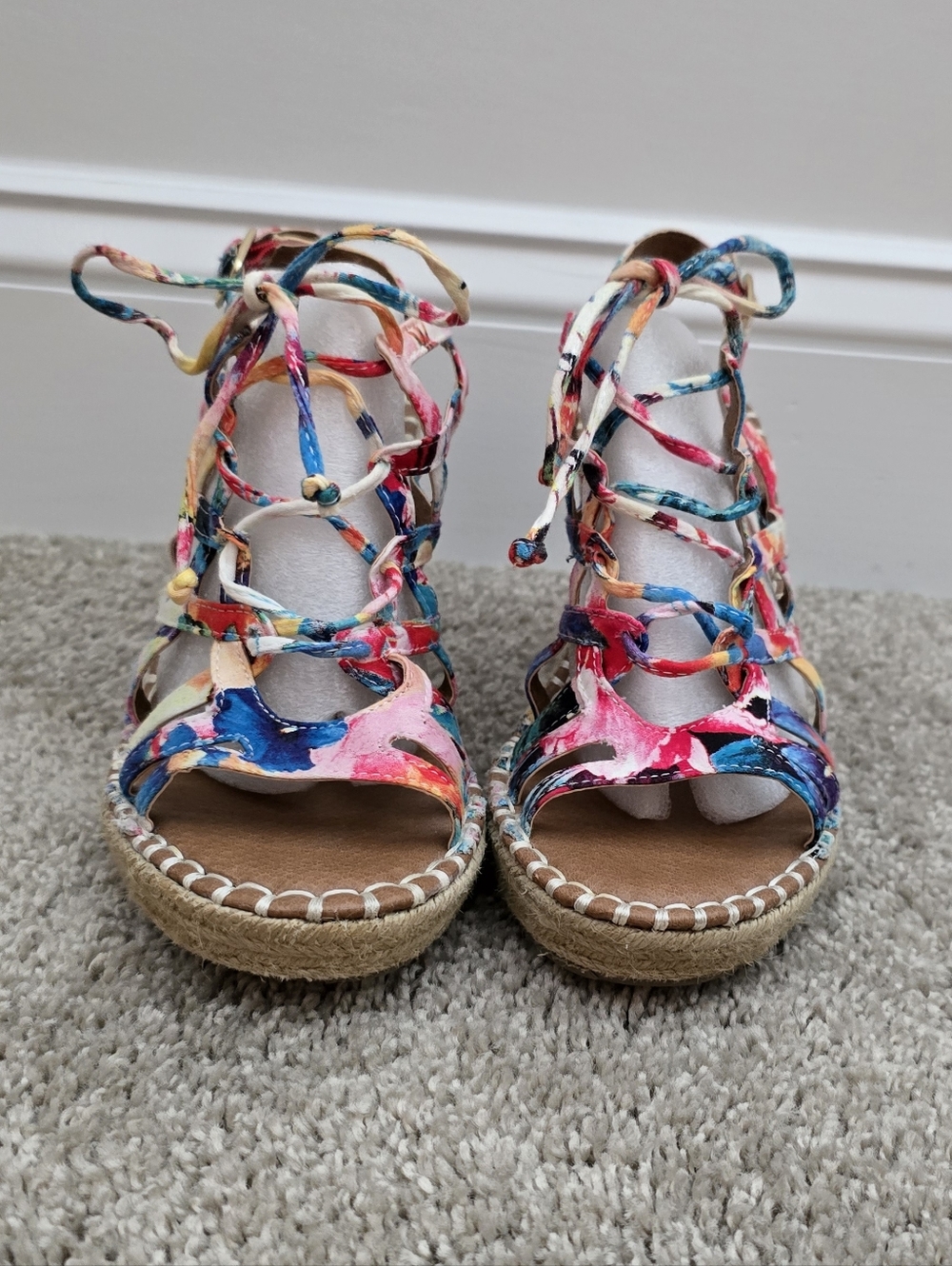SO Multicolor Pink Blue Coral Lace-Up Espadrille Wedges